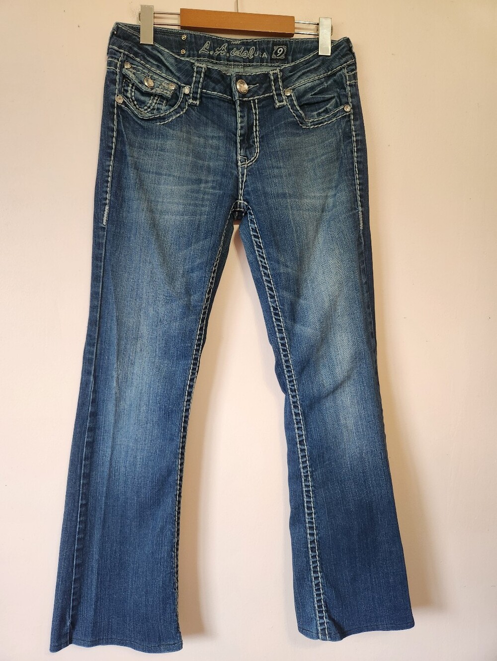 LA Idol USA Y2K McBling Thick Stitch Hemmed Bootcut Flare Jeans Blue Size 9